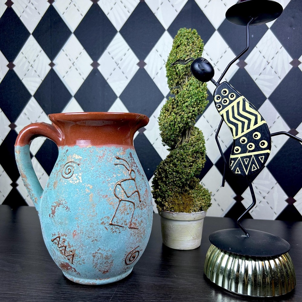 Southwestern Pottery Petroglyph Pitcher Turquoise And terracotta Vase Kokopelli - Picture 6 of 16